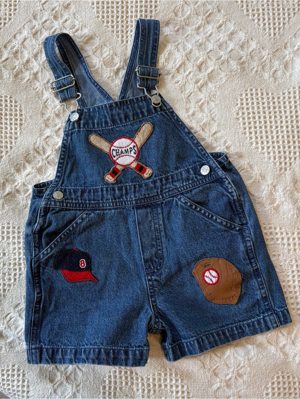 Miniwear Denim Short Overalls with Baseball Patches - Blue